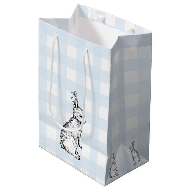 Bunny Rabbit Blue Gingham Gift Bag (Front Angled)