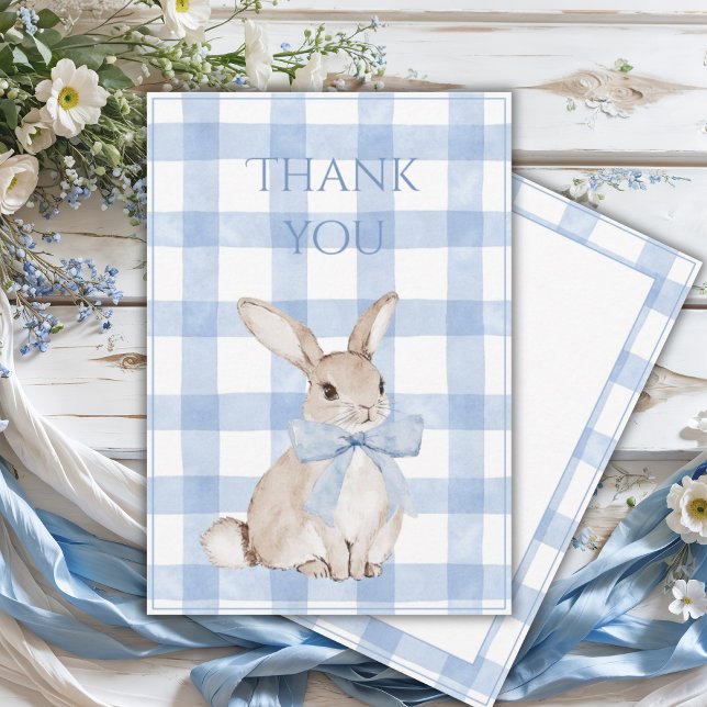 Bunny Rabbit Blue Plaid Vintage  Thank You Card (Creator Uploaded)