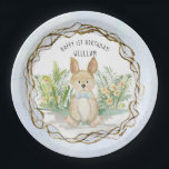 Bunny Rabbit Bow Tie Watercolor Boy 1st Birthday Paper Plate<br><div class="desc">"Bunny Rabbit Bow Tie Watercolor Boy 1st Birthday."  Watercolor artwork of a twig wreath with a little boy bunny rabbit wearing a light blue striped bow tie and sitting in a meadow of ferns and wild flowers. Art by internationally acclaimed and licensed artist,  Audrey Jeanne Roberts,  copyright.</div>
