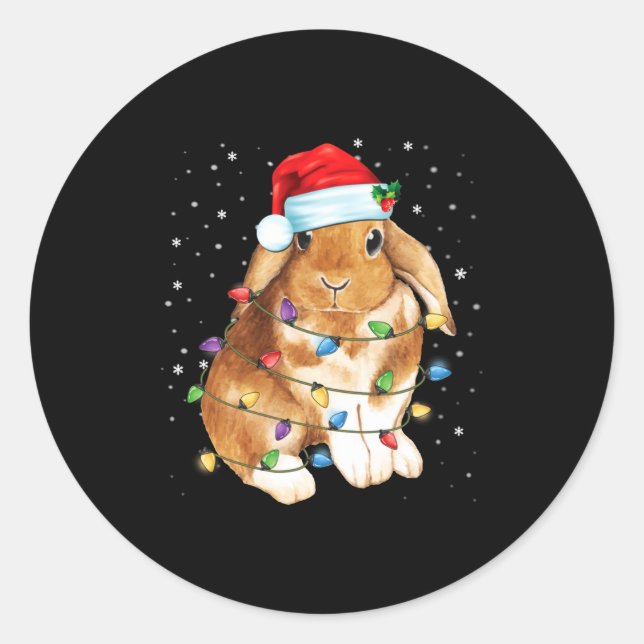 Bunny Rabbit Christmas Lights Santa Hat Funny Xmas Classic Round Sticker (Front)