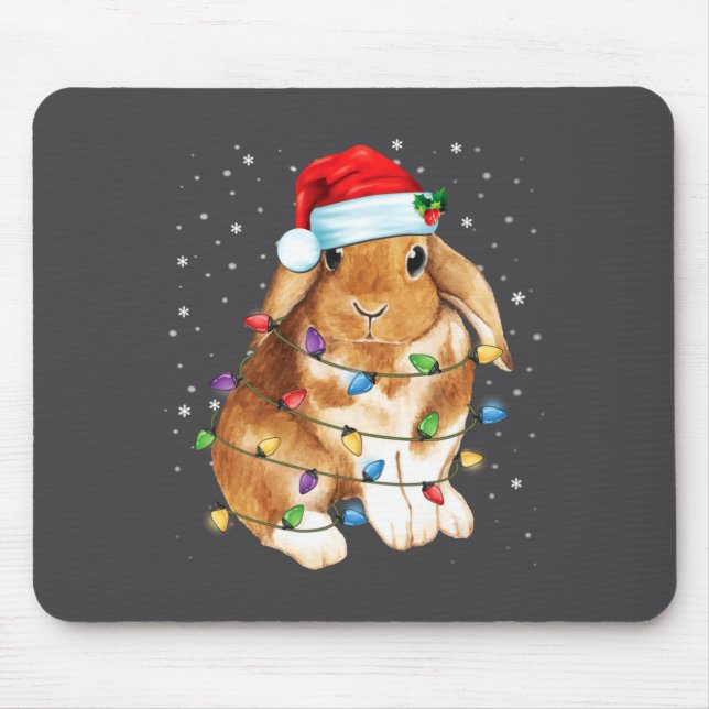 Bunny Rabbit Christmas Lights Santa Hat Funny Xmas Mouse Pad (Front)