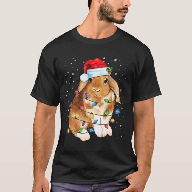 Bunny Rabbit Christmas Lights Santa Hat Funny Xmas T-Shirt (Front)