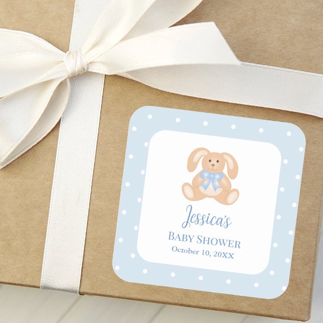 Bunny Rabbit Classic Polka Dots Boy Baby Shower Square Sticker (Creator Uploaded)