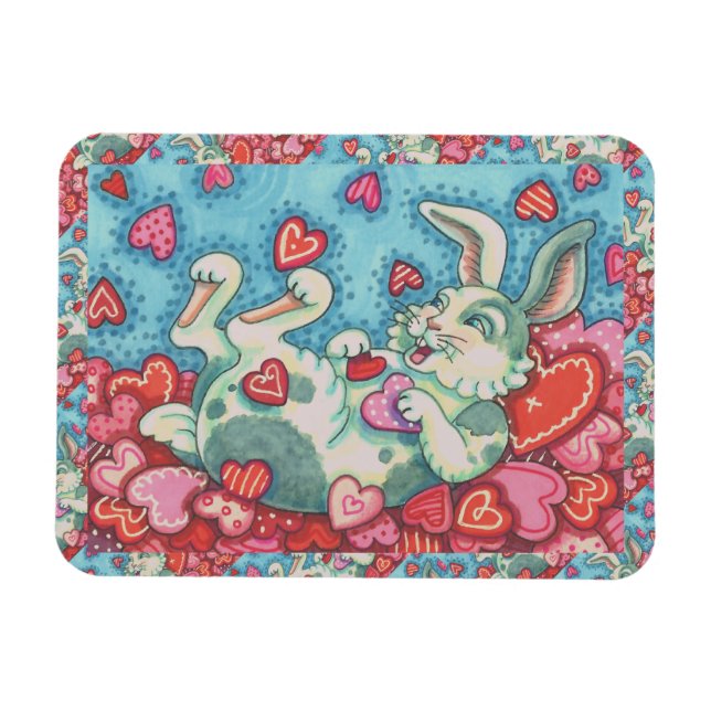 BUNNY RABBIT & COLORFUL HEARTS RAINING VALENTINES MAGNET (Horizontal)