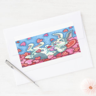 BUNNY RABBIT & COLORFUL HEARTS RAINING VALENTINES RECTANGULAR STICKER