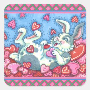 BUNNY RABBIT & COLORFUL HEARTS RAINING VALENTINES SQUARE STICKER