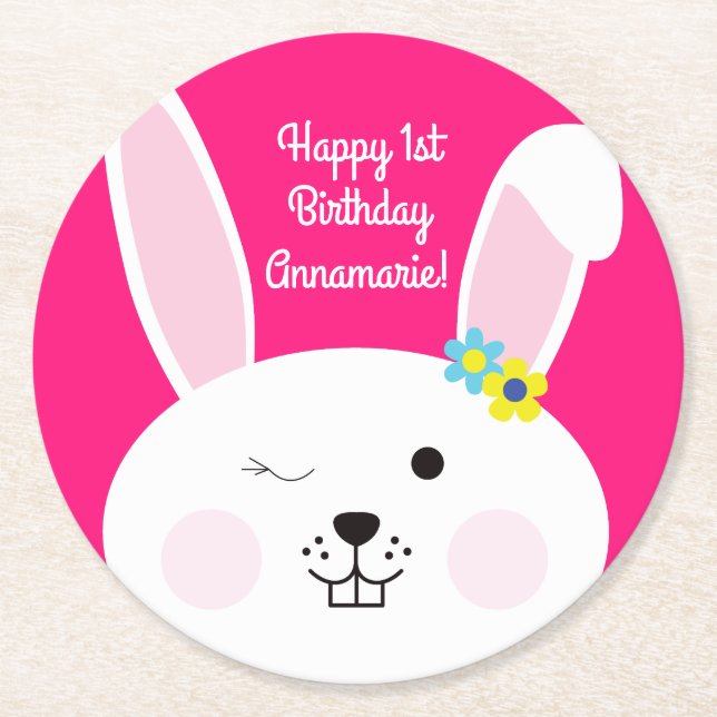 Bunny Rabbit Easter Spring Birthday Party Round Paper Coaster (Front)