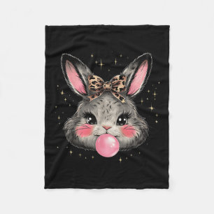 Bunny Rabbit Face Leopard Coquette Bow Easter Day Fleece Blanket