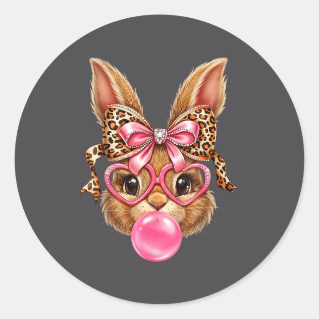 Bunny Rabbit Face Leopard Glasses Classic Round Sticker (Front)