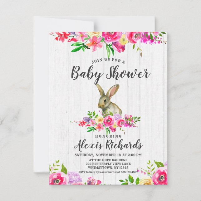 Bunny Rabbit Floral Baby Girl Shower Invitation (Front)