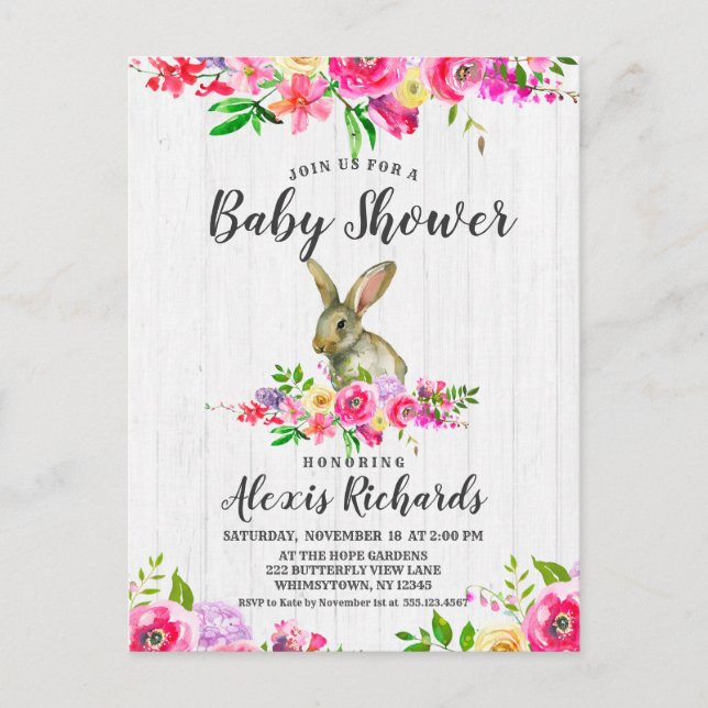 Bunny Rabbit Floral Baby Girl Shower Invitation Postcard (Front)