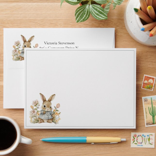 Bunny Rabbit Floral Baby Shower Invitation Envelope (Desk)