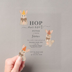 Bunny Rabbit Floral Coquette Hop on Over Birthday Acrylic Invitations