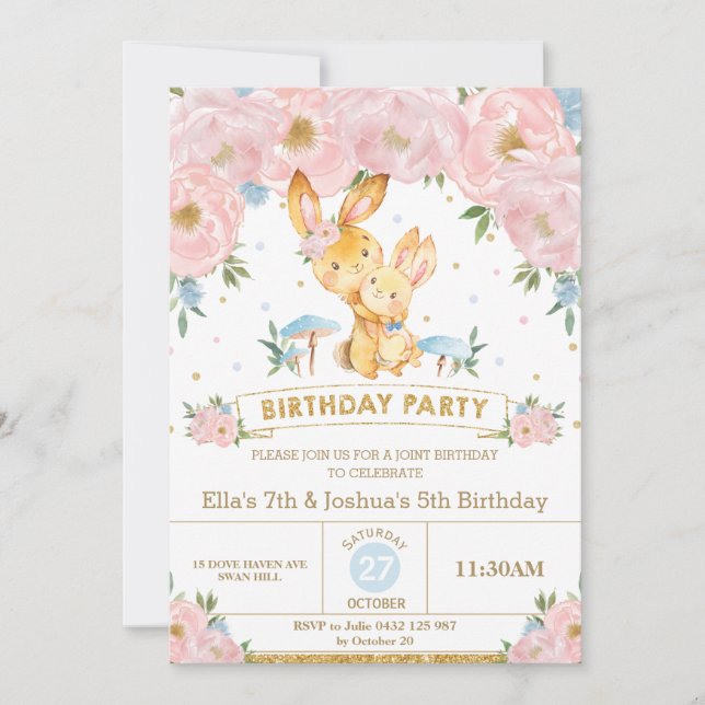 Bunny Rabbit Floral Joint Birthday Sister Brother  Invitation (Front)