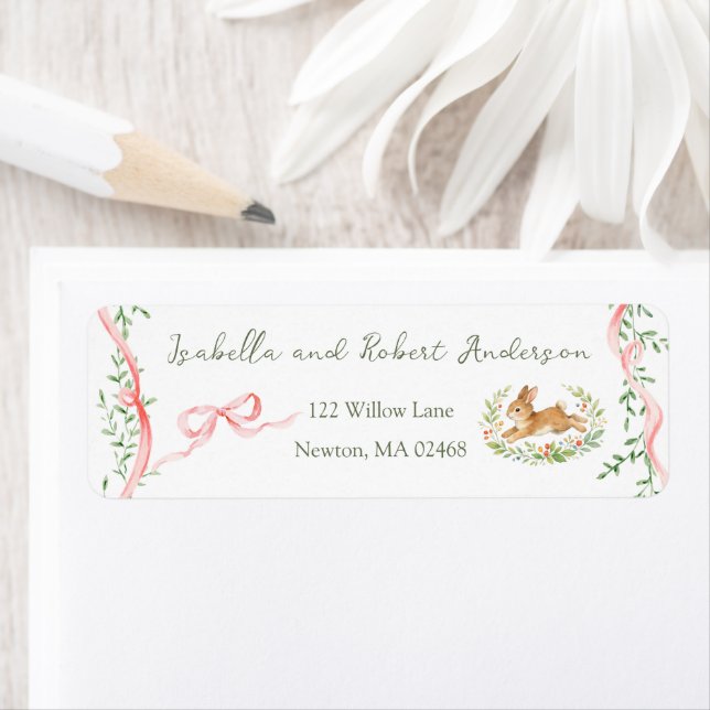 Bunny Rabbit Floral Pink Bow Baby Shower Address (Insitu)