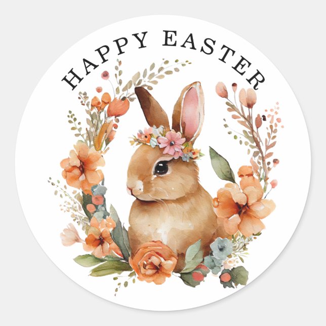 Bunny Rabbit Floral Wreath Easter Classic Round Sticker (Front)