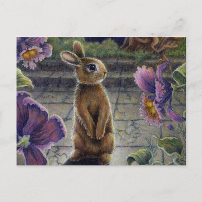 Bunny Rabbit & Flowers Night Dreaming Postcard (Front)
