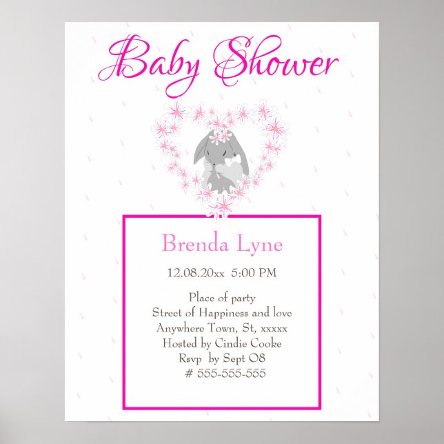 Bunny Rabbit Girl Pink Baby Shower invitation Poster (Front)
