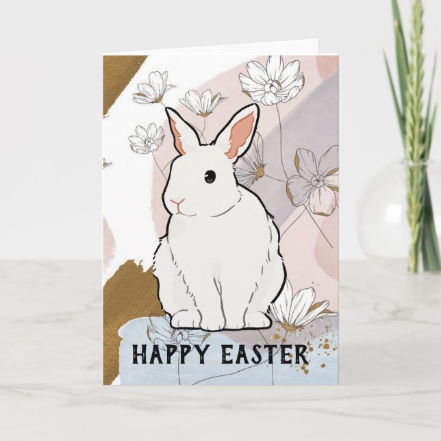 Bunny Rabbit Happy Easter Floral Gold Pink Blue  Holiday Card (Front)