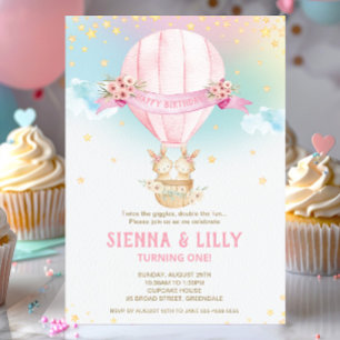 Bunny Rabbit Hot Air Balloon 1st Birthday Twins  Invitation