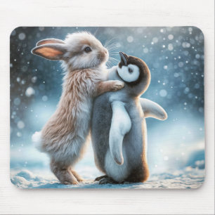 Bunny Rabbit Hugging a Penguin Mouse Pad