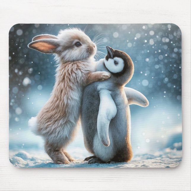 Bunny Rabbit Hugging a Penguin Mouse Pad (Front)