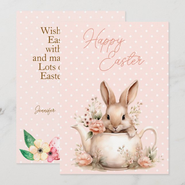 Bunny Rabbit in a Teapot Happy Easter  Holiday Card (Front/Back)