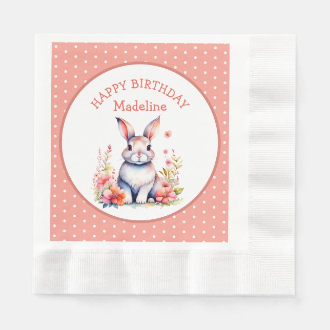 Bunny Rabbit in Flowers Happy Birthday Personalise Napkin (Front)