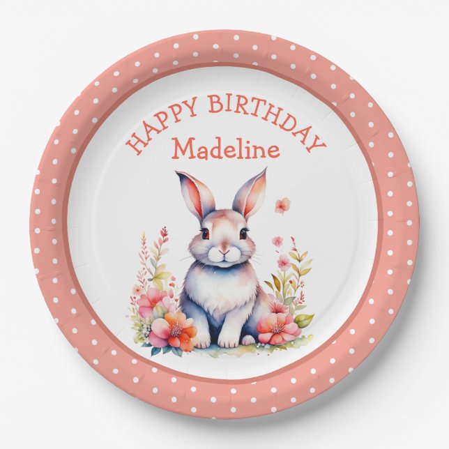 Bunny Rabbit in Flowers Happy Birthday Personalise Paper Plate (Front)