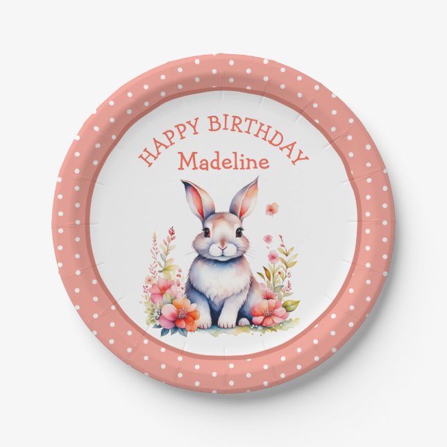 Bunny Rabbit in Flowers Happy Birthday Personalise Paper Plate (Front)