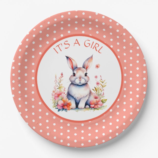 Bunny Rabbit in Flowers It's a Girl Baby Shower Paper Plate (Front)