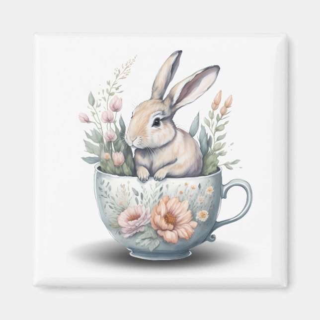Bunny Rabbit in Teacup with Flowers Refrigerator  Magnet (Front)