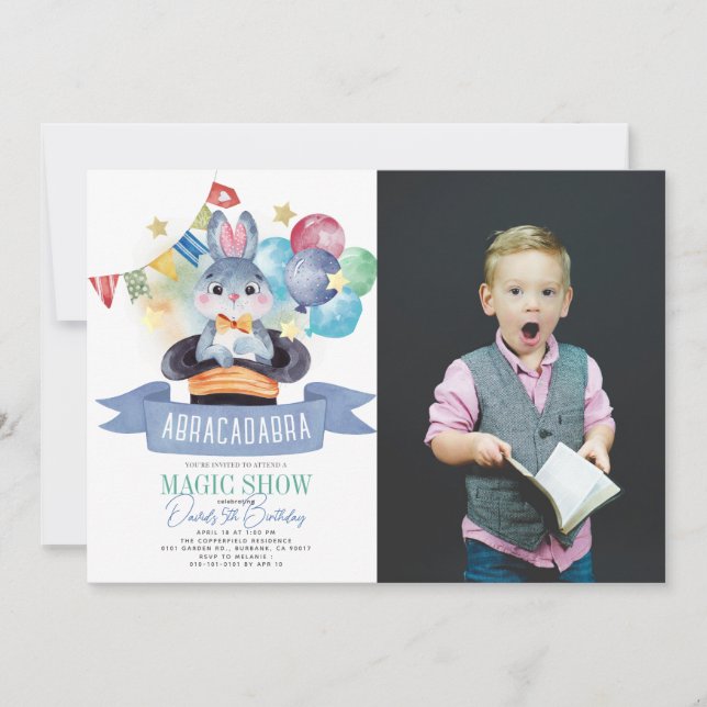 Bunny Rabbit Magic Show Boy Birthday Photo Invitation (Front)