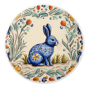 Bunny Rabbit Mediterranean Folk Animal Art Ceramic Knob