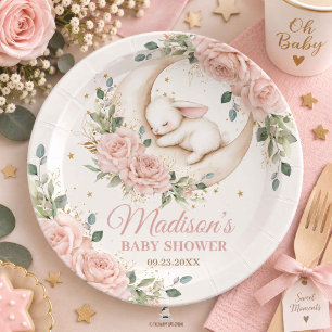 Bunny Rabbit Moon Pink Blush Floral Baby Shower Paper Plate