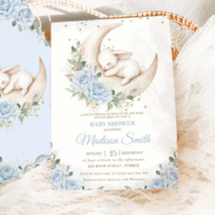 Bunny Rabbit Moon Soft Blue Floral Boy Baby Shower Invitation