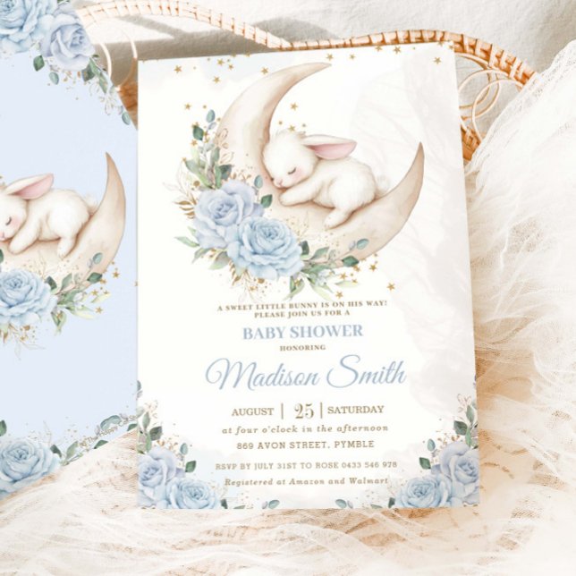 Bunny Rabbit Moon Soft Blue Floral Boy Baby Shower Invitation (Creator Uploaded)