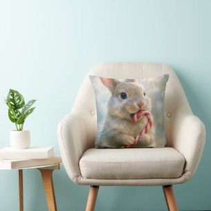 Bunny Rabbit Nibbling On a Candy Cane Cushion