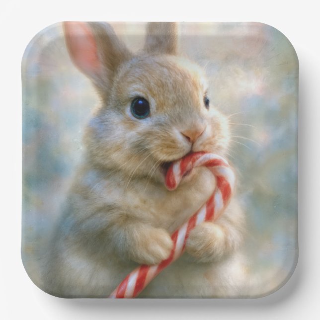Bunny Rabbit Nibbling On a Candy Cane Paper Plate (Front)