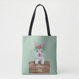 Bunny Rabbit Personalised Sign - Green Polka Dots Tote Bag