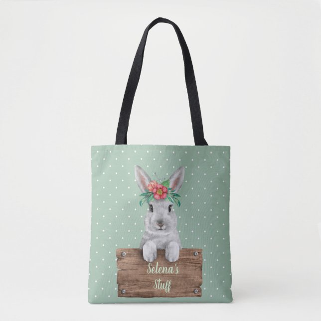 Bunny Rabbit Personalised Sign - Green Polka Dots Tote Bag (Front)