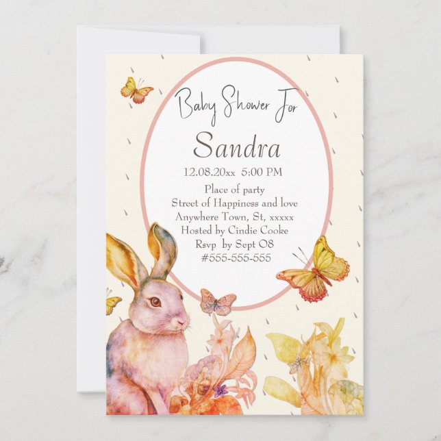Bunny Rabbit pink baby girl baby shower invitation (Front)