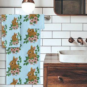 Bunny Rabbit Pink Flowers Bath Towel Set