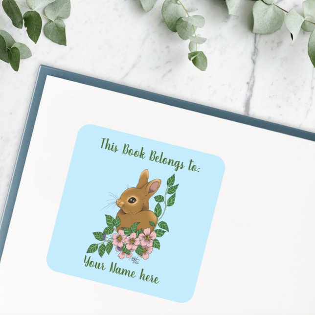 Bunny Rabbit Pink Flowers Bookplate Square Sticker (Creator Uploaded)