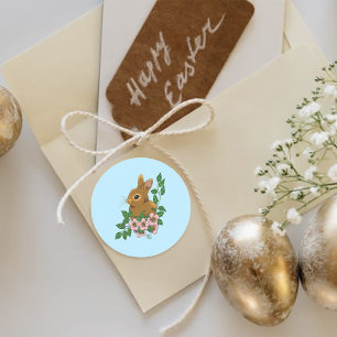 Bunny Rabbit Pink Flowers Classic Round Sticker