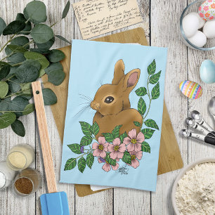 Bunny Rabbit Pink flowers Tea Towel