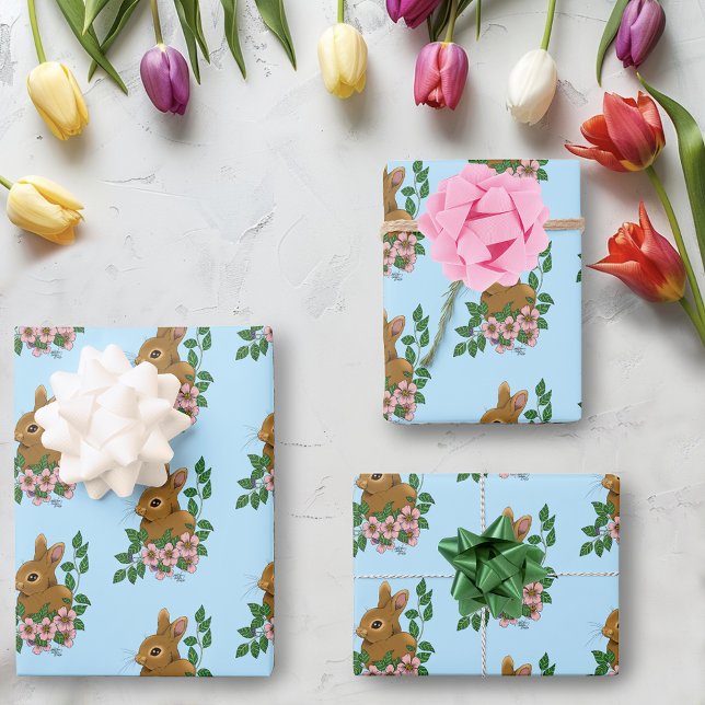Bunny Rabbit Pink Flowers Wrapping Paper Sheet (Creator Uploaded)