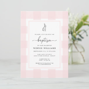 Bunny Rabbit Pink Gingham Baptism Invitation