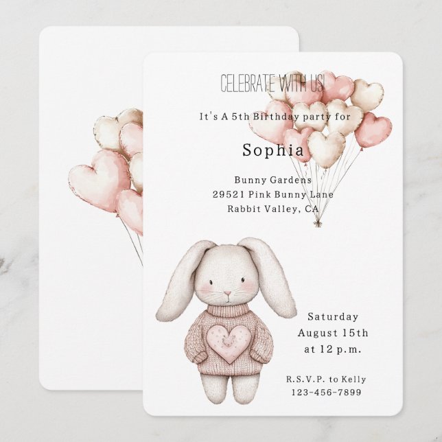 Bunny Rabbit Pink Hearts Birthday Invitation (Front/Back)