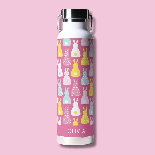 Bunny Rabbit Pink pattern Water Bottle (Kids water bottle with pink bunny rabbit pattern. Add your own name or choice of text.)